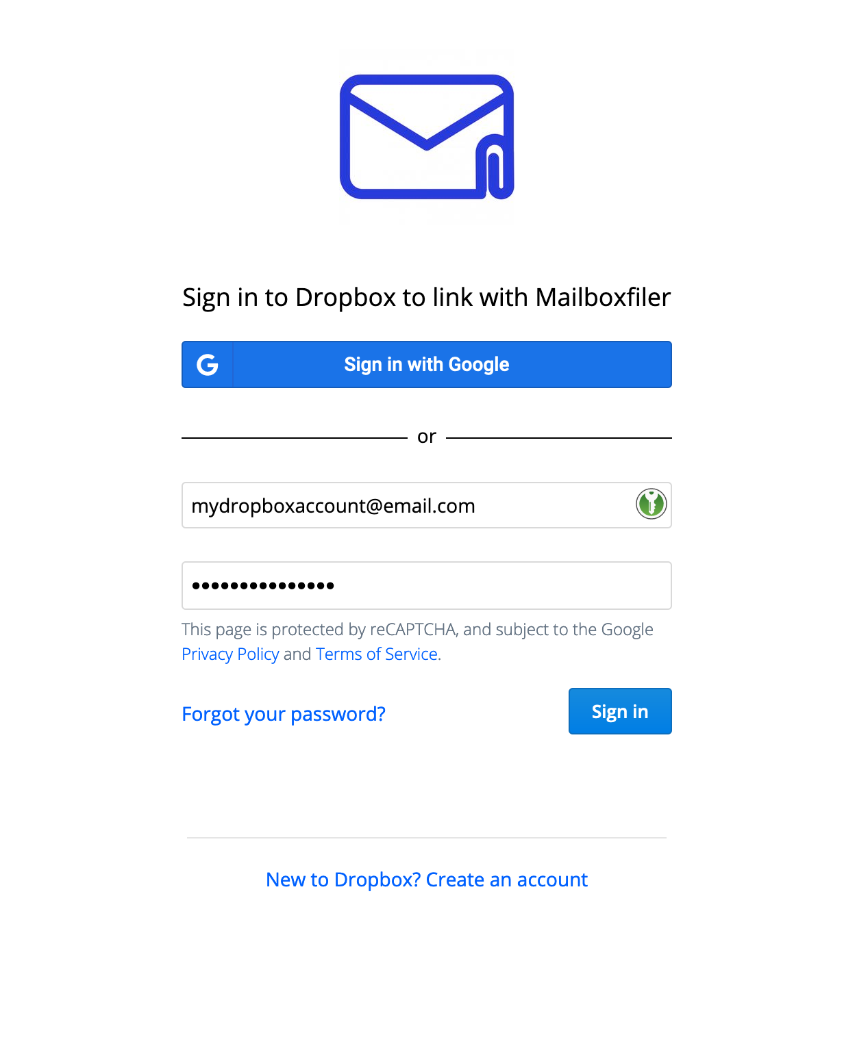 Authorize Mailboxfiler to Dropbox